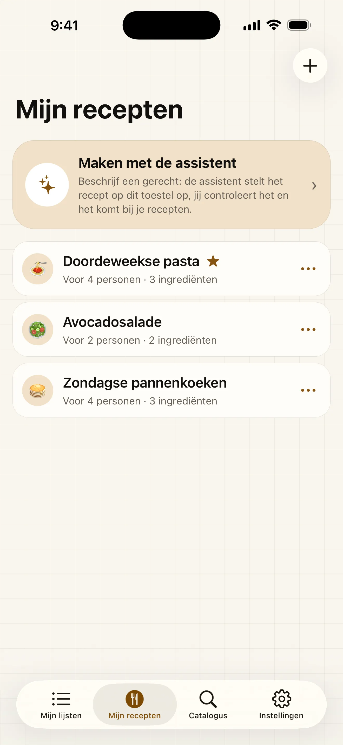 Bevestigde recepten worden bewaard met ingrediënten en stappen, offline, klaar om opnieuw aan een lijst toe te voegen.