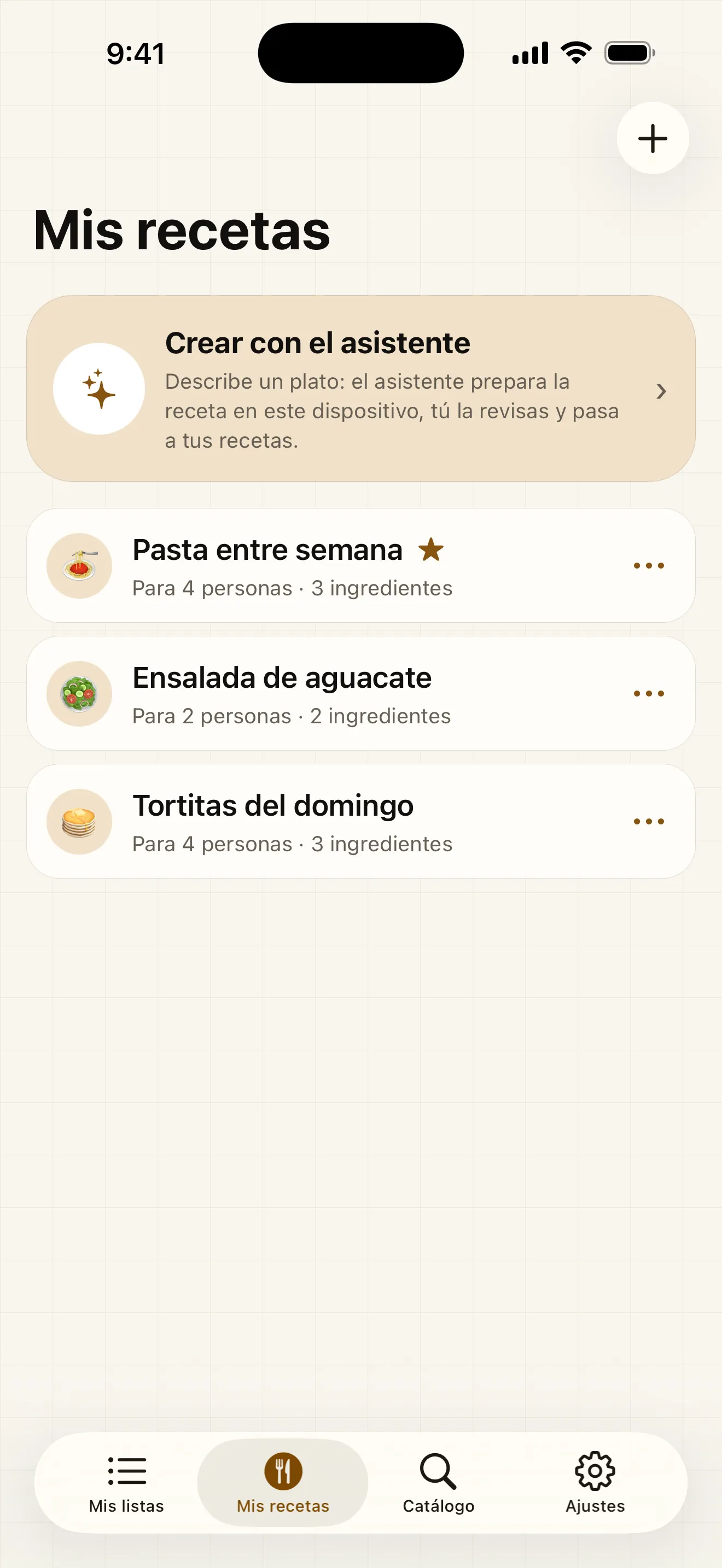 Las recetas confirmadas se guardan con sus ingredientes y pasos, sin conexión, listas para añadirse de nuevo a una lista.