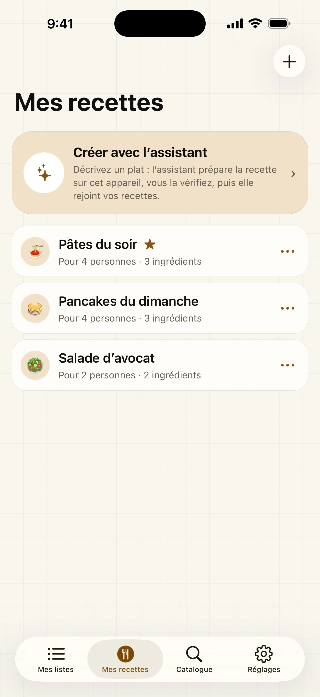 Les recettes confirmées sont conservées avec leurs ingrédients et leurs étapes, hors ligne, prêtes à être rajoutées à une liste.