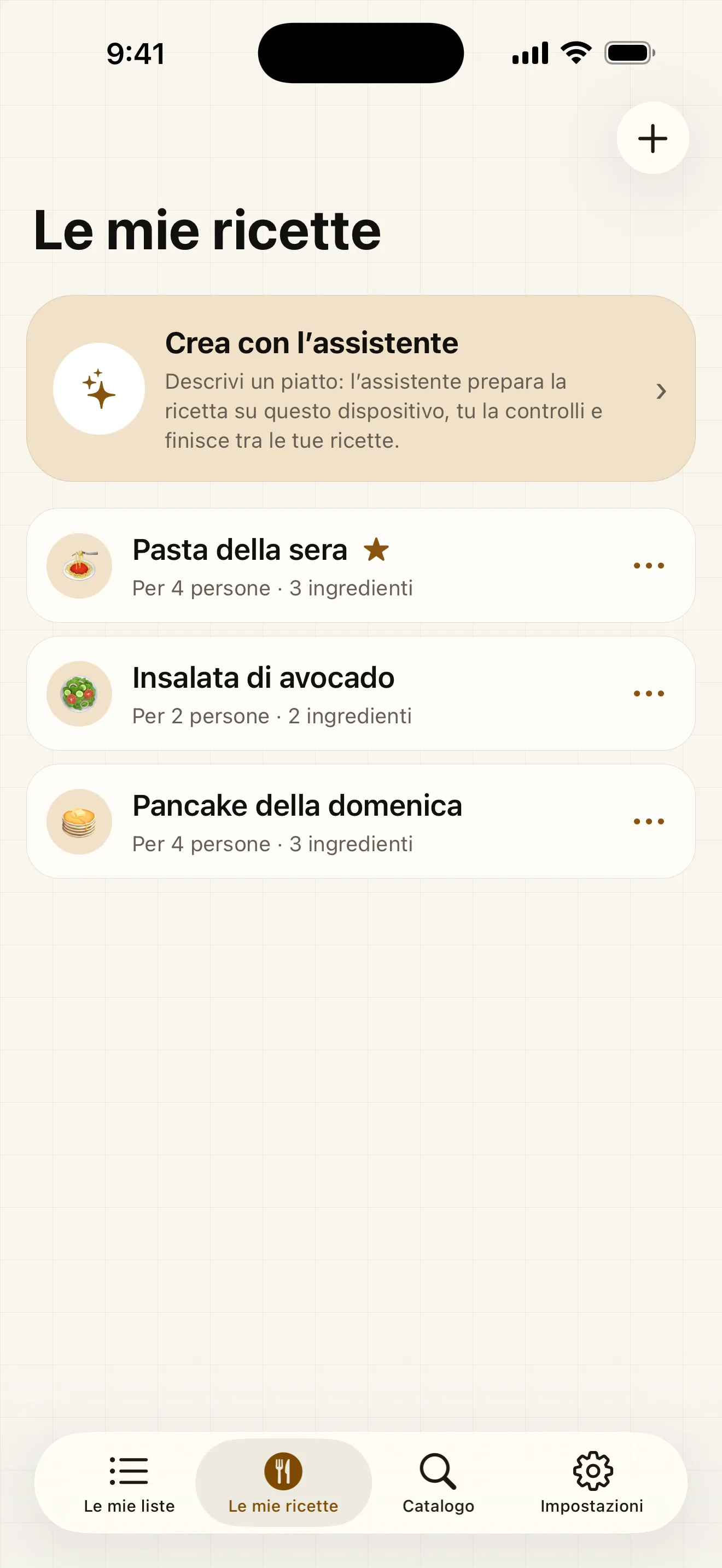 Le ricette confermate restano salvate con ingredienti e passaggi, offline, pronte per essere aggiunte di nuovo a una lista.
