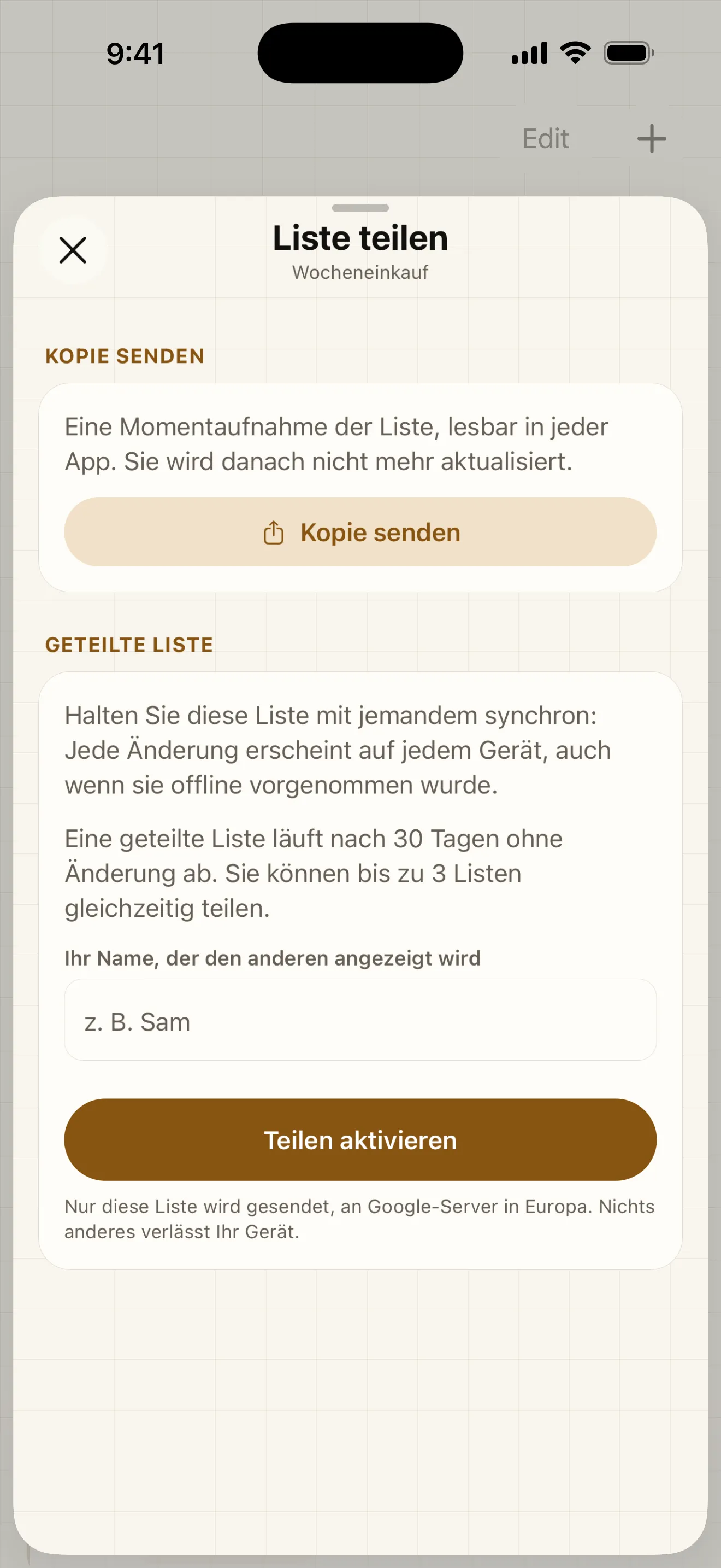 Sende eine Kopie deiner Liste mit einem einfachen Link oder teile sie live: Alle sehen in Echtzeit, welche Artikel abgehakt werden.