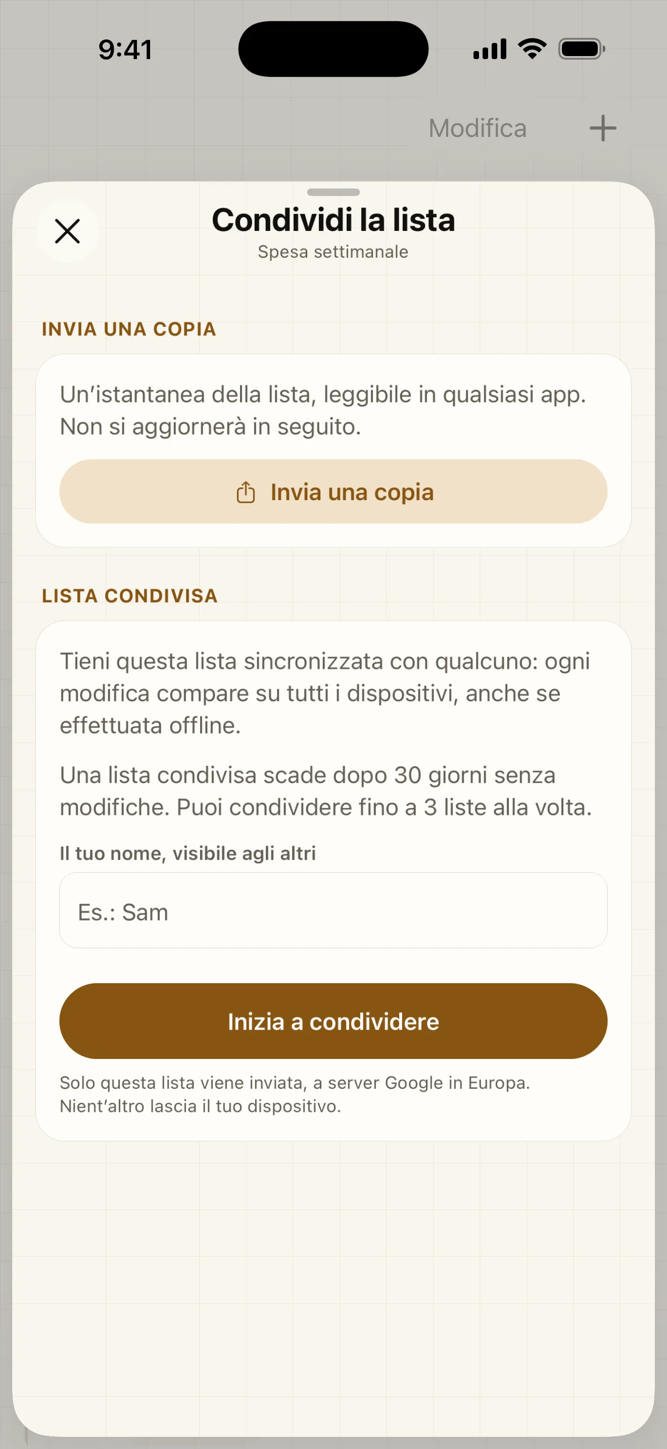 Invia una copia della tua lista con un semplice link oppure condividila in diretta: tutti vedono gli articoli spuntati in tempo reale.