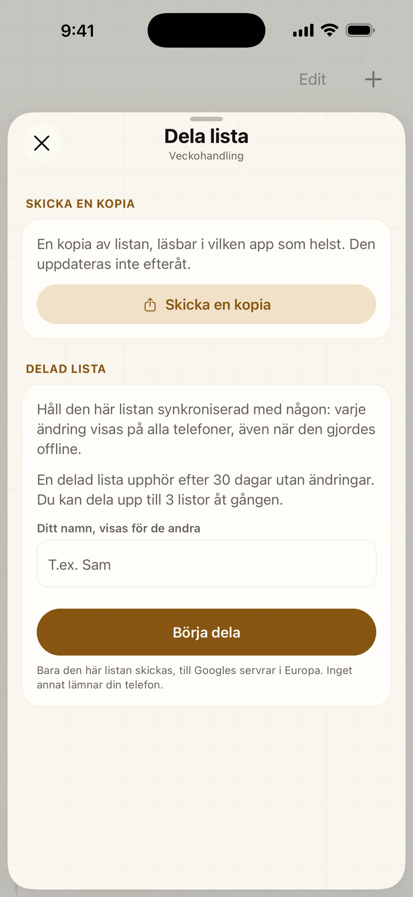 Skicka en kopia av din lista med en enda länk eller dela den live: alla ser varor bockas av i realtid.