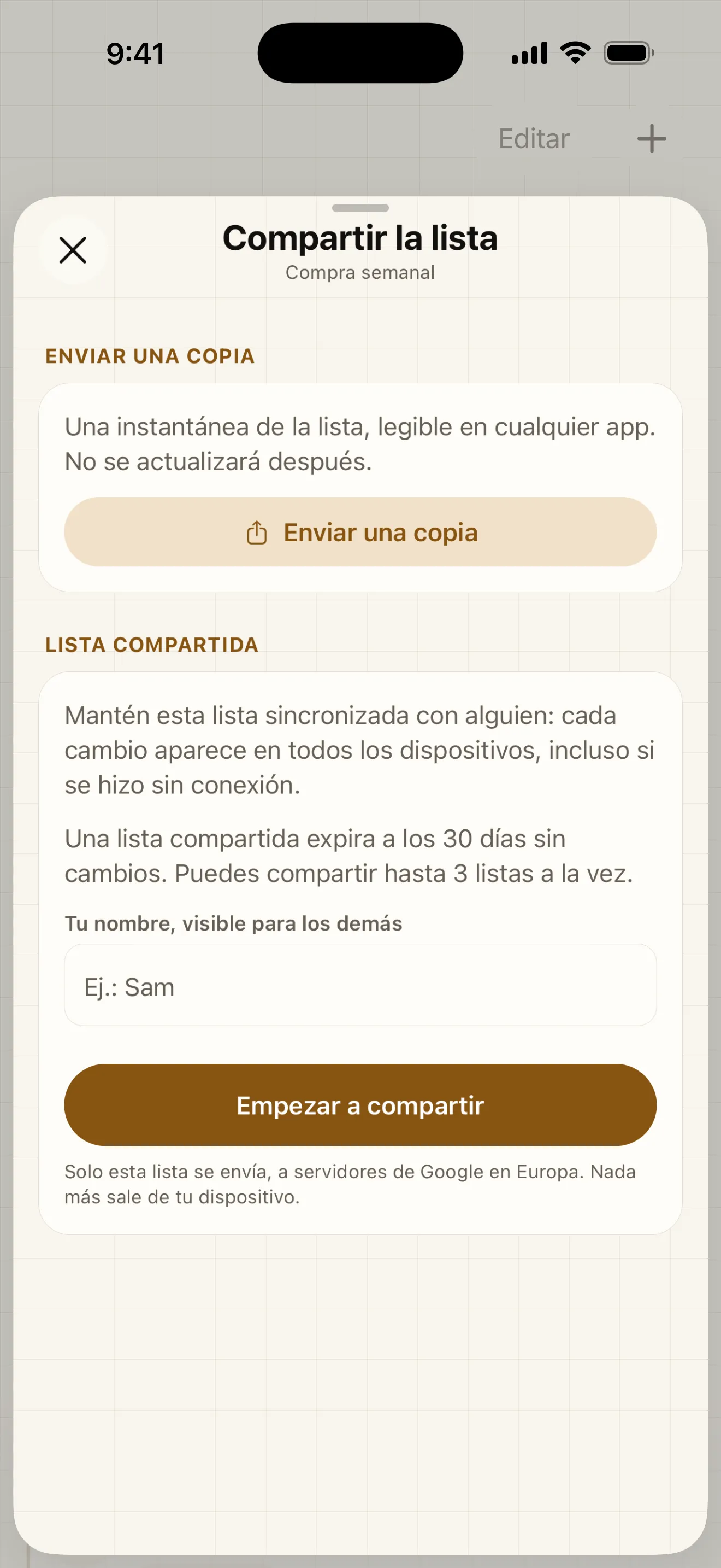 Envía una copia de tu lista con un simple enlace o compártela en directo: todos ven cómo se marcan los artículos en tiempo real.