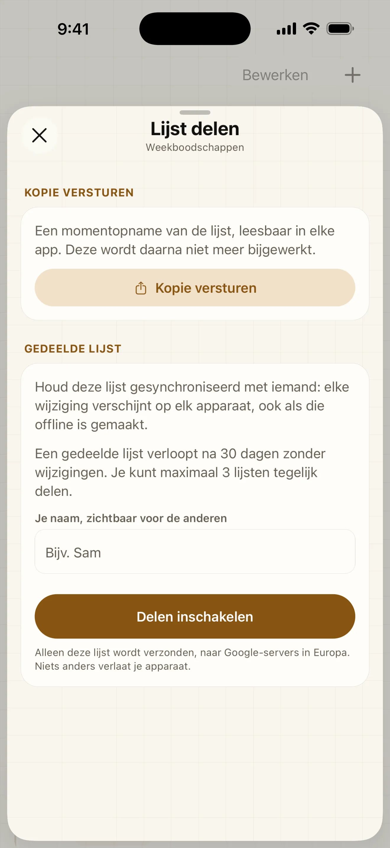 Stuur een kopie van je lijst met één link, of deel hem live: iedereen ziet in realtime welke items worden afgevinkt.