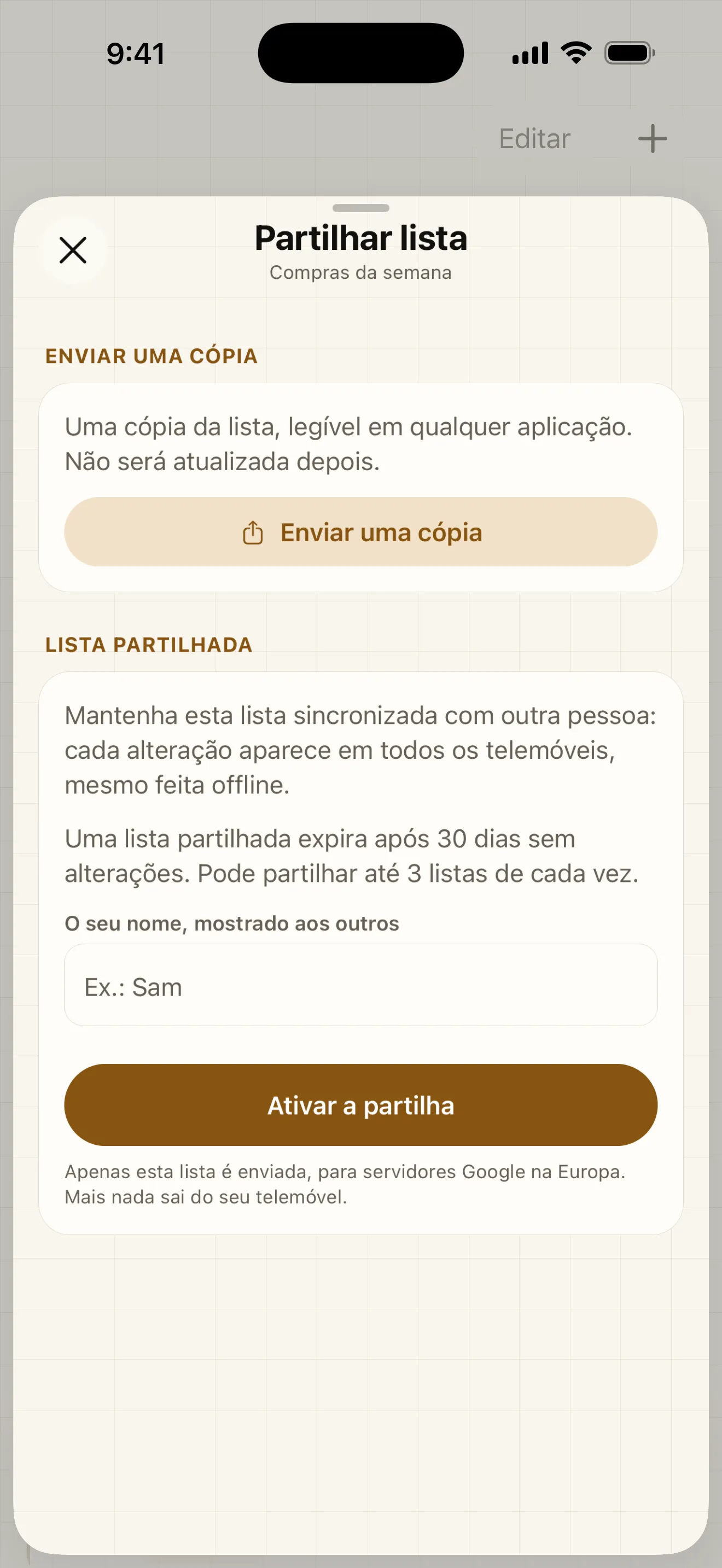 Envie uma cópia da sua lista com uma simples ligação ou partilhe-a em direto: todos veem os artigos a ser assinalados em tempo real.